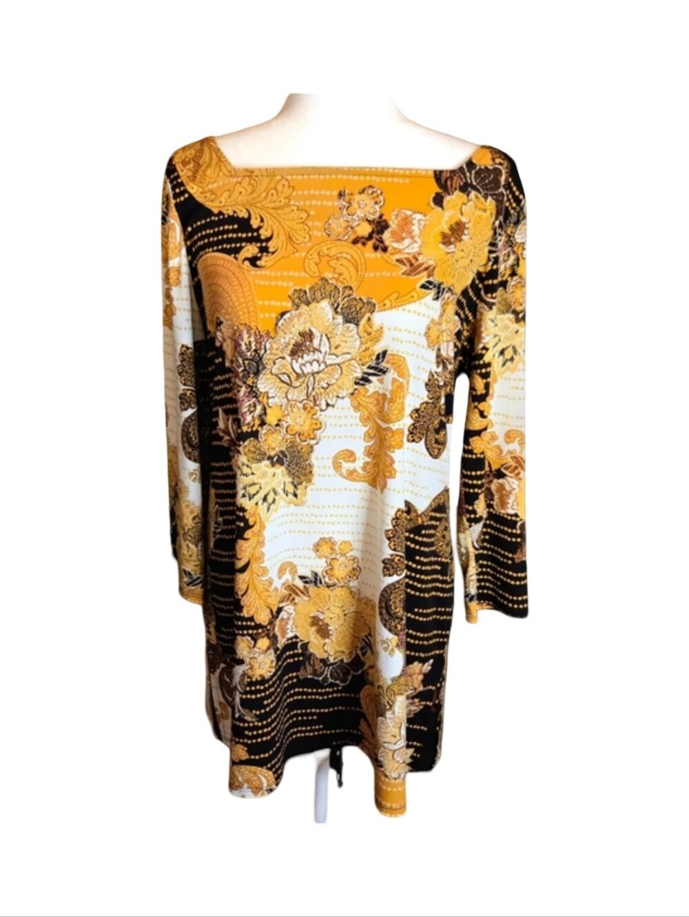JM Collection 3/4 Inch Sleeves Black & Gold Paisley Floral Tunic Top M